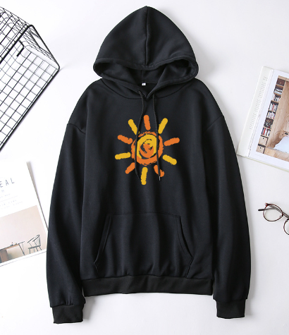 Black hoodie with a sun design on a white background